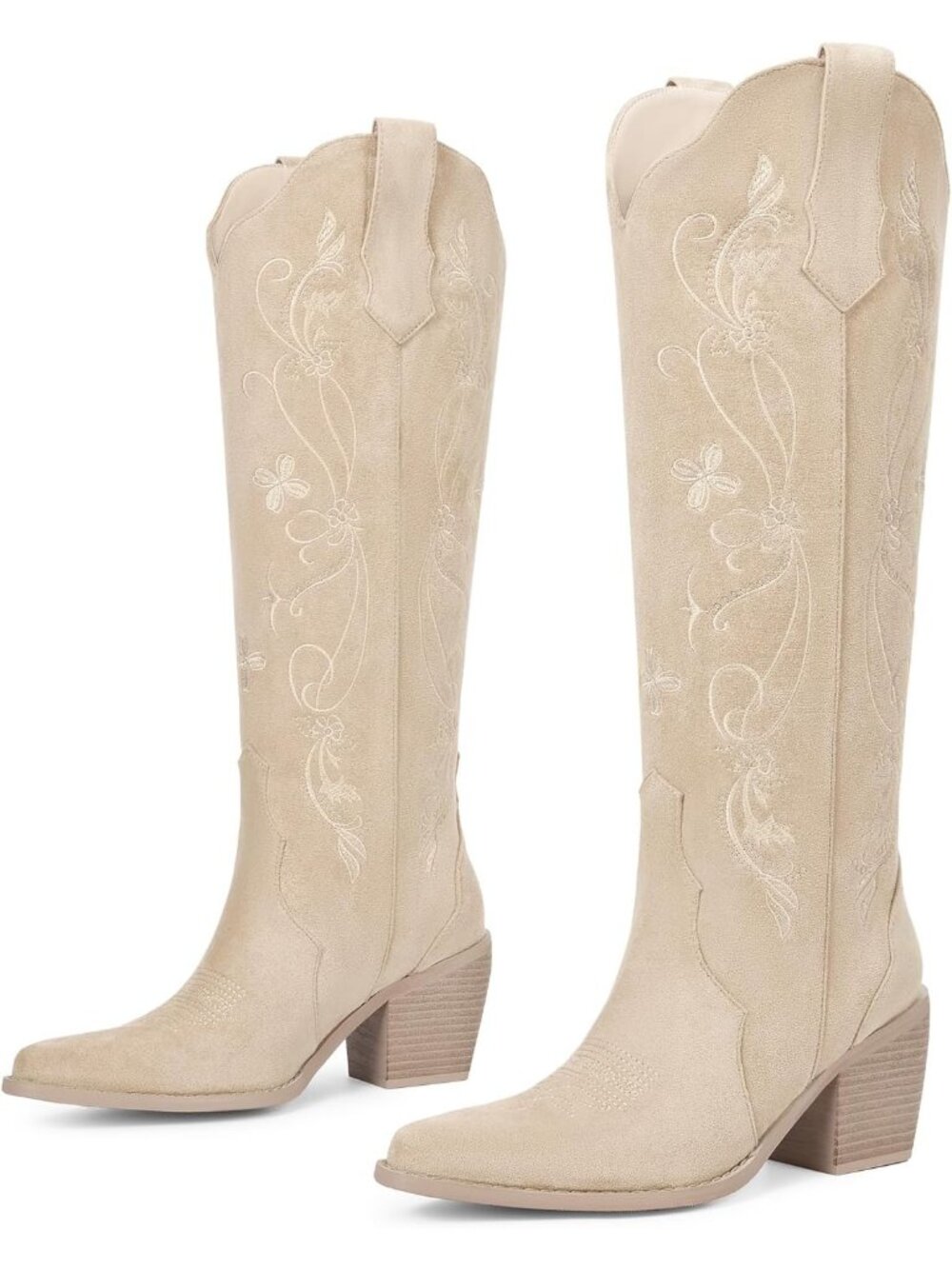 Women's Suede Apricot Rubber Faux Leather Pointed Toe Knee High Cowboy Boots